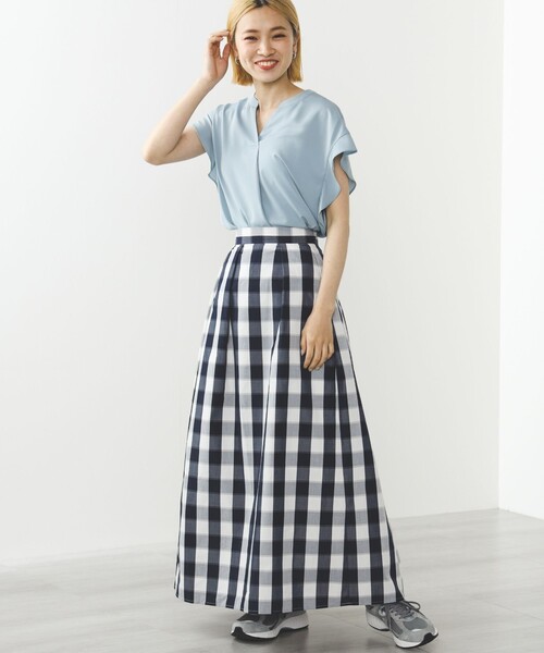BEAMS HEART（ビームスハート）の「BEAMS HEART / チェック柄 タックフレアスカート（スカート・レディース・ネイビー/ブラウン・FREE）」の7枚目の写真