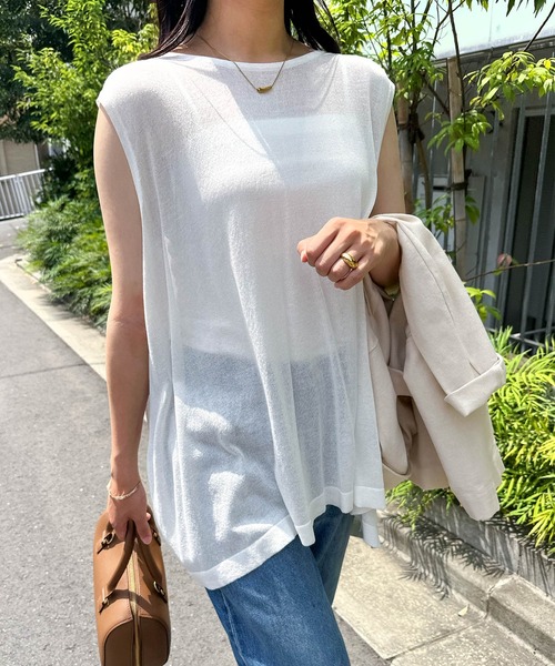 andme（アンドミー）の「リネンタッチノースリーブニットトップス（ニット/セーター・レディース・ブラック/オフホワイト/グレイッシュベージュ/ピンク/グリーン/オレンジ・M）」の3枚目の写真