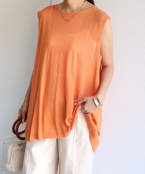 andme（アンドミー）の「リネンタッチノースリーブニットトップス（ニット/セーター・レディース・ブラック/オフホワイト/グレイッシュベージュ/ピンク/グリーン/オレンジ・M）」の2枚目の写真