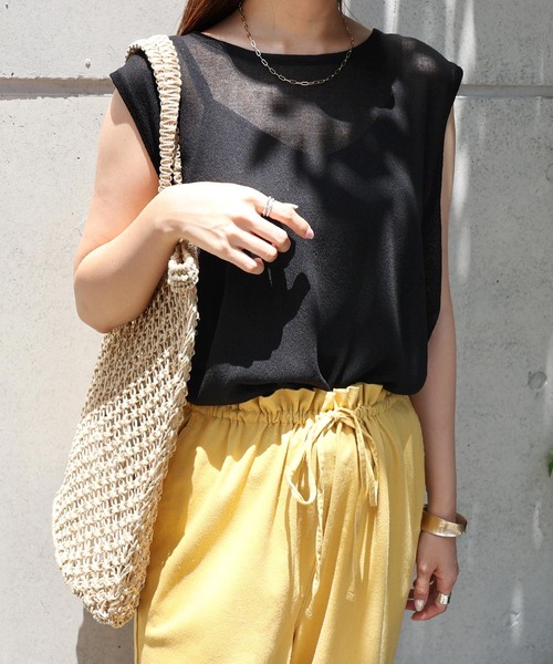 andme（アンドミー）の「リネンタッチノースリーブニットトップス（ニット/セーター・レディース・ブラック/オフホワイト/グレイッシュベージュ/ピンク/グリーン/オレンジ・M）」の4枚目の写真