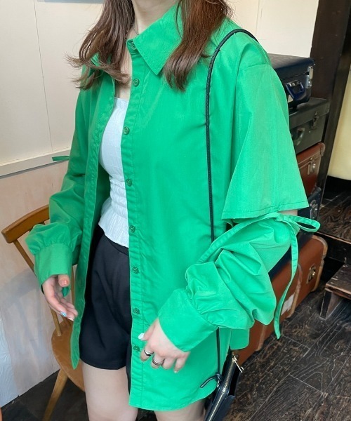 nemne store（ネンネストア）の「【低身長用サイズあり】袖取り外しカラーリボンシャツ（シャツ/ブラウス・レディース・オレンジ/グリーン/アイボリー・MEDIUM/SMALL）」の3枚目の写真