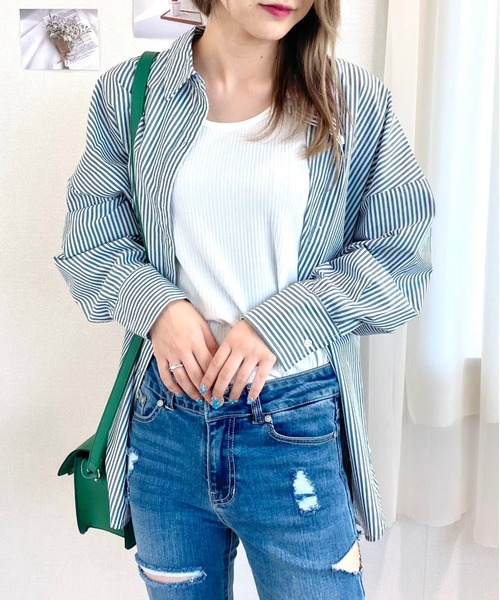 CECIL McBEE（セシルマクビー）の「ストライプシャツ（シャツ/ブラウス・レディース・パープル/ネイビー/グリーン・MEDIUM/LARGE）」の6枚目の写真