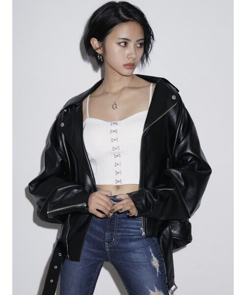 GYDA（ジェイダ）の「FRONTホック コルセットデザインビスチェ（キャミソール・レディース・ブラック/オフホワイト・FREE）」の7枚目の写真