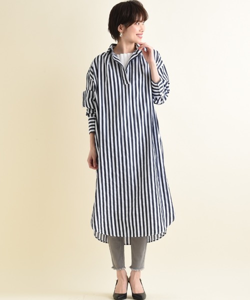 INTERPLANET（インタープラネット）の「ワイドストライプシャツワンピース（シャツワンピース・レディース・グリーン/ベージュ/ネイビー・FREE）」の6枚目の写真