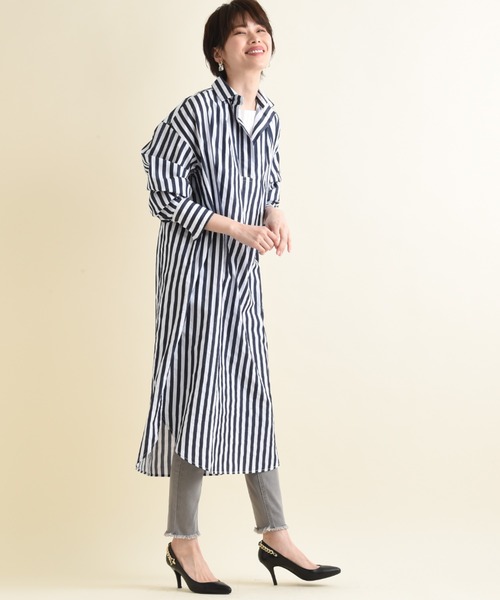 INTERPLANET（インタープラネット）の「ワイドストライプシャツワンピース（シャツワンピース・レディース・グリーン/ベージュ/ネイビー・FREE）」の7枚目の写真