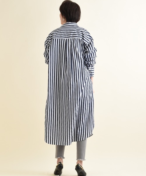INTERPLANET（インタープラネット）の「ワイドストライプシャツワンピース（シャツワンピース・レディース・グリーン/ベージュ/ネイビー・FREE）」の9枚目の写真
