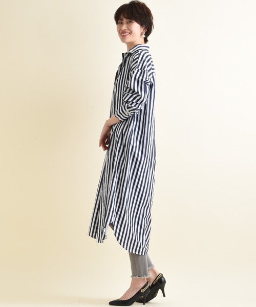 INTERPLANET（インタープラネット）の「ワイドストライプシャツワンピース（シャツワンピース・レディース・グリーン/ベージュ/ネイビー・FREE）」の10枚目の写真