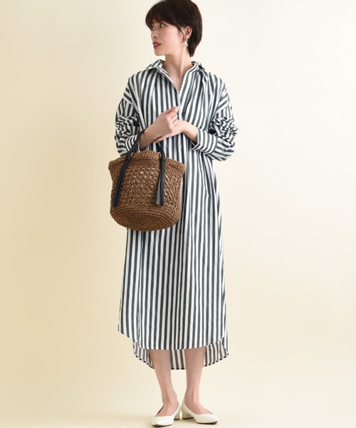 INTERPLANET（インタープラネット）の「ワイドストライプシャツワンピース（シャツワンピース・レディース・グリーン/ベージュ/ネイビー・FREE）」の12枚目の写真