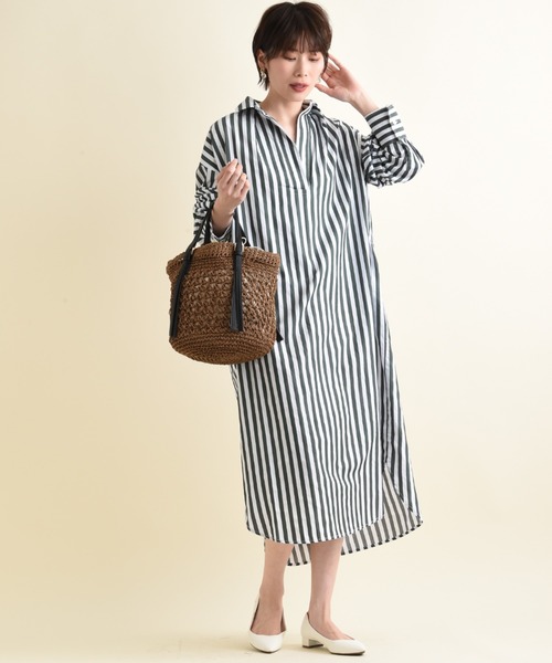 INTERPLANET（インタープラネット）の「ワイドストライプシャツワンピース（シャツワンピース・レディース・グリーン/ベージュ/ネイビー・FREE）」の13枚目の写真