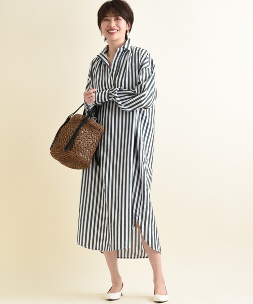 INTERPLANET（インタープラネット）の「ワイドストライプシャツワンピース（シャツワンピース・レディース・グリーン/ベージュ/ネイビー・FREE）」の17枚目の写真