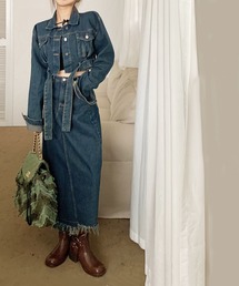 Jewelobe | タックショートジャケット＆ヘムフリンジロングスカートデニムセットアップ(セットアップ)