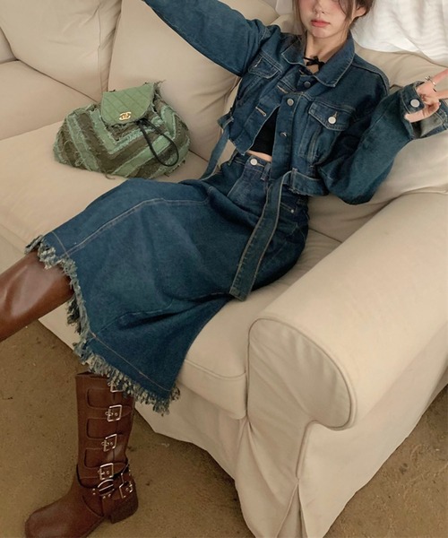 Jewelobe（ジュエローブ）の「タックショートジャケット＆ヘムフリンジロングスカートデニムセットアップ（セットアップ・レディース・ネイビー・FREE）」の14枚目の写真