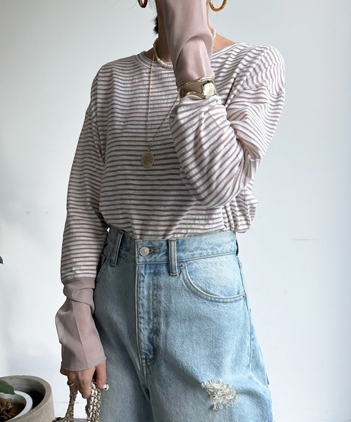 DouDou（ドゥドゥ）の「SS 袖シアーボーダーTEE（Tシャツ/カットソー・レディース・ピンク/ブラック/ベージュ/ピンク系その他/ネイビー/レッド・FREE）」の2枚目の写真