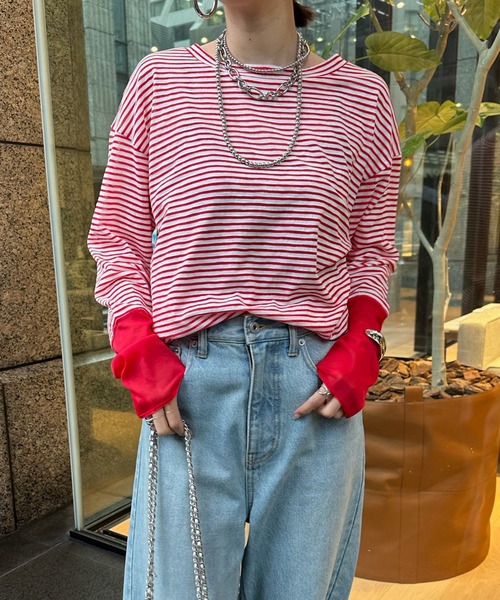 DouDou（ドゥドゥ）の「SS 袖シアーボーダーTEE（Tシャツ/カットソー・レディース・ピンク/ブラック/ベージュ/ピンク系その他/ネイビー/レッド・FREE）」の6枚目の写真