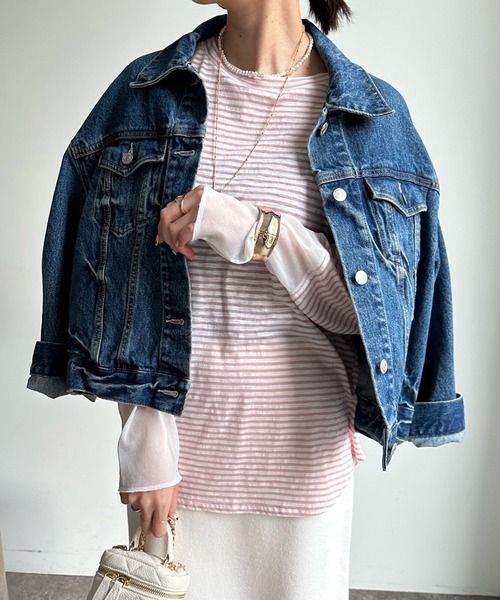 DouDou（ドゥドゥ）の「SS 袖シアーボーダーTEE（Tシャツ/カットソー・レディース・ピンク/ブラック/ベージュ/ピンク系その他/ネイビー/レッド・FREE）」の4枚目の写真