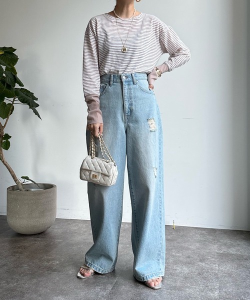 DouDou（ドゥドゥ）の「SS 袖シアーボーダーTEE（Tシャツ/カットソー・レディース・ピンク/ブラック/ベージュ/ピンク系その他/ネイビー/レッド・FREE）」の17枚目の写真