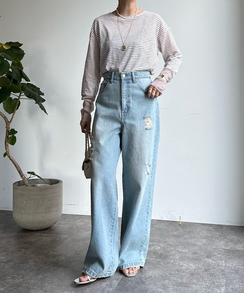 DouDou（ドゥドゥ）の「SS 袖シアーボーダーTEE（Tシャツ/カットソー・レディース・ピンク/ブラック/ベージュ/ピンク系その他/ネイビー/レッド・FREE）」の18枚目の写真