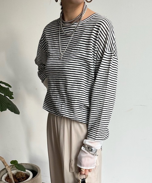 DouDou（ドゥドゥ）の「SS 袖シアーボーダーTEE（Tシャツ/カットソー・レディース・ピンク/ブラック/ベージュ/ピンク系その他/ネイビー/レッド・FREE）」の14枚目の写真