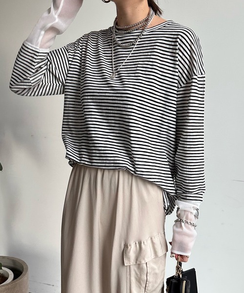 DouDou（ドゥドゥ）の「SS 袖シアーボーダーTEE（Tシャツ/カットソー・レディース・ピンク/ブラック/ベージュ/ピンク系その他/ネイビー/レッド・FREE）」の15枚目の写真