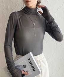 指穴付きフィンガーホールマーブルニュアンス柄長袖ハイネックメッシュシアープルオーバートップス