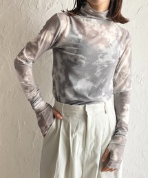 指穴付きフィンガーホールマーブルニュアンス柄長袖ハイネックメッシュシアープルオーバートップス
