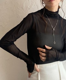 She's Closet（シーズクローゼット）の「指穴付きフィンガーホールマーブルニュアンス柄長袖ハイネックメッシュシアープルオーバートップス（Tシャツ/カットソー）」
