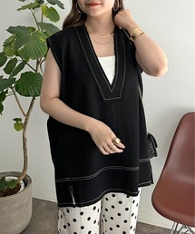 prose verse | 配色ステッチ深Vネックフリンジベスト(ベスト)