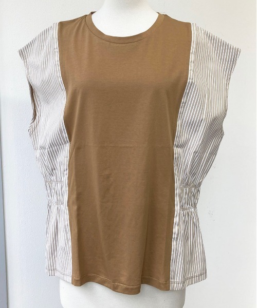 UP START（アップスタート）の「【Strawberry Vally】40s/2シルケット天竺＋TCブロード ストライプ 切替 フレンチ プルオーバー　大人カジュアル（Tシャツ/カットソー・レディース・チャコールグレー/モカ/オフホワイト・FREE）」の3枚目の写真