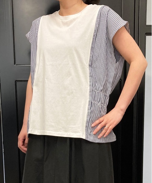 UP START（アップスタート）の「【Strawberry Vally】40s/2シルケット天竺＋TCブロード ストライプ 切替 フレンチ プルオーバー　大人カジュアル（Tシャツ/カットソー・レディース・チャコールグレー/モカ/オフホワイト・FREE）」の7枚目の写真