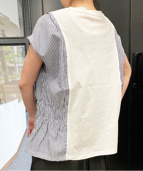 UP START（アップスタート）の「【Strawberry Vally】40s/2シルケット天竺＋TCブロード ストライプ 切替 フレンチ プルオーバー　大人カジュアル（Tシャツ/カットソー・レディース・チャコールグレー/モカ/オフホワイト・FREE）」の4枚目の写真