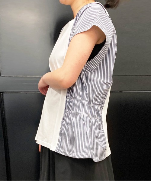 UP START（アップスタート）の「【Strawberry Vally】40s/2シルケット天竺＋TCブロード ストライプ 切替 フレンチ プルオーバー　大人カジュアル（Tシャツ/カットソー・レディース・チャコールグレー/モカ/オフホワイト・FREE）」の5枚目の写真