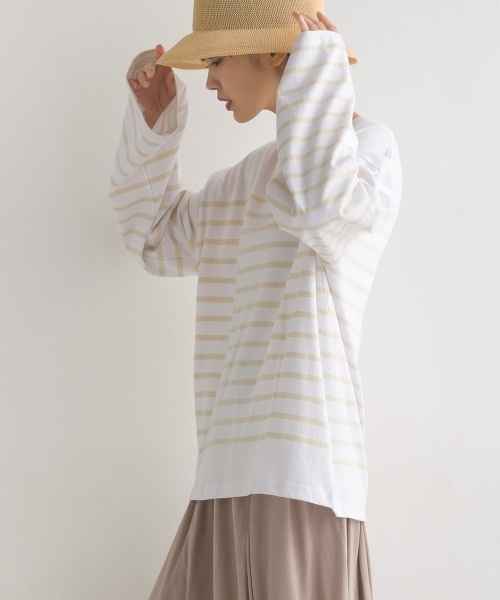 OMNES（オムネス）の「パネルボーダーワイドスリーブ長袖Tシャツ（Tシャツ/カットソー・レディース・ホワイト×ブルー/グレー系その他/ホワイト×ブラック/ホワイト系その他・FREE）」の10枚目の写真