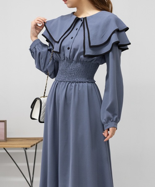 pumpkin port（パンプキンポート）の「2枚襟  長袖 ロングワンピース レディースワンピース（ワンピース・レディース・ブラック/グレー/ピンク/ベージュ/ブルー・MEDIUM/S/L）」の4枚目の写真