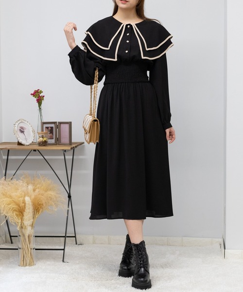 pumpkin port（パンプキンポート）の「2枚襟  長袖 ロングワンピース レディースワンピース（ワンピース・レディース・ブラック/グレー/ピンク/ベージュ/ブルー・MEDIUM/S/L）」の7枚目の写真