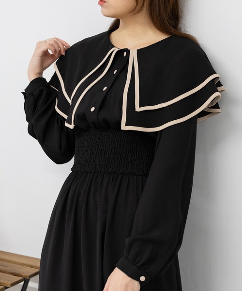 pumpkin port（パンプキンポート）の「2枚襟  長袖 ロングワンピース レディースワンピース（ワンピース・レディース・ブラック/グレー/ピンク/ベージュ/ブルー・MEDIUM/S/L）」の8枚目の写真