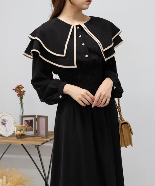 pumpkin port（パンプキンポート）の「2枚襟  長袖 ロングワンピース レディースワンピース（ワンピース・レディース・ブラック/グレー/ピンク/ベージュ/ブルー・MEDIUM/S/L）」の10枚目の写真