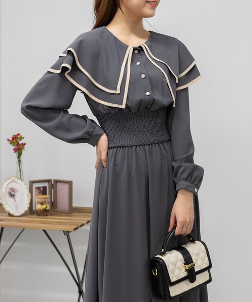 pumpkin port（パンプキンポート）の「2枚襟  長袖 ロングワンピース レディースワンピース（ワンピース・レディース・ブラック/グレー/ピンク/ベージュ/ブルー・MEDIUM/S/L）」の15枚目の写真