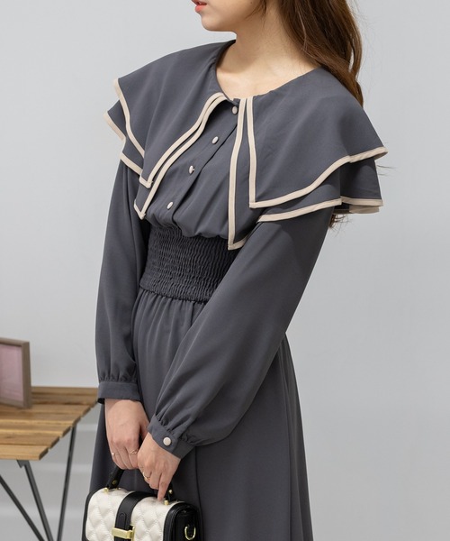 pumpkin port（パンプキンポート）の「2枚襟  長袖 ロングワンピース レディースワンピース（ワンピース・レディース・ブラック/グレー/ピンク/ベージュ/ブルー・MEDIUM/S/L）」の16枚目の写真