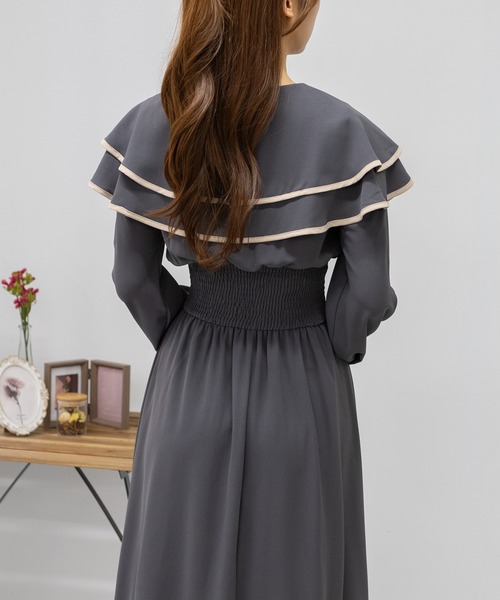 pumpkin port（パンプキンポート）の「2枚襟  長袖 ロングワンピース レディースワンピース（ワンピース・レディース・ブラック/グレー/ピンク/ベージュ/ブルー・MEDIUM/S/L）」の17枚目の写真