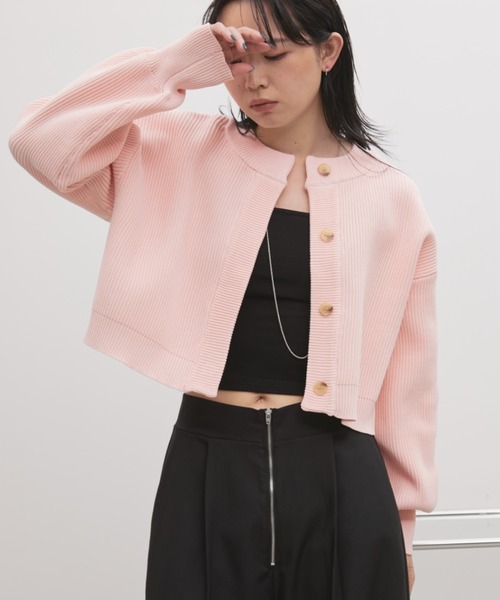 Aunt Marie's（アントマリーズ）の「【前後2WAY】クルーネッククロップドカラーカーデ（カーディガン/ボレロ・レディース・イエロー/ホワイト/ピンク/グレー/パープル/ブラック・FREE）」の6枚目の写真