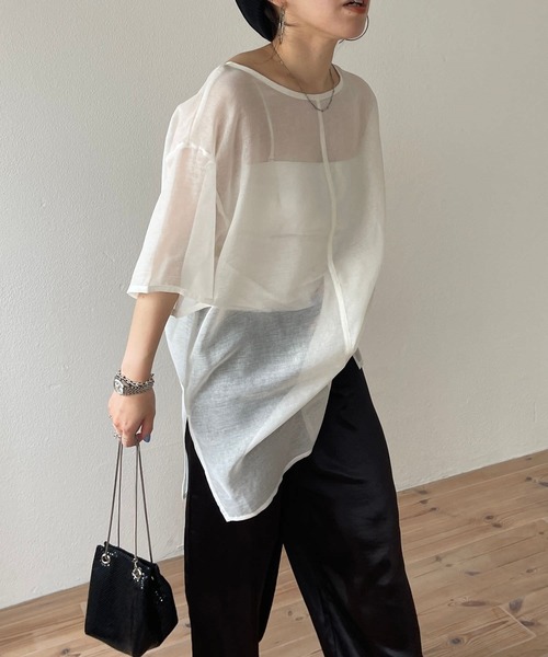 wee9s（ウィークス）の「over size sheer tops / オーバーサイズシアートップス（Tシャツ/カットソー・レディース・ブラック/アイボリー・FREE）」の3枚目の写真