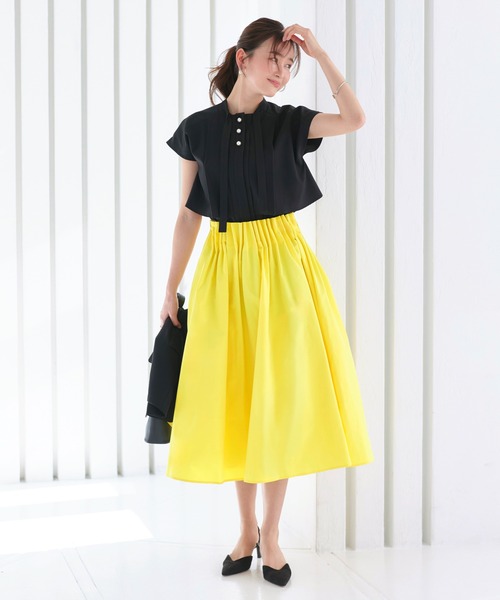 RUIRUE BOUTIQUE（ルイルエブティック）の「洗える ｜ パールボタン フレンチスリーブ ブラウス（Bタイプ/ボウタイ） ｜ 半袖 フレンチスリーブ スタンドカラー トップス 体型カバー  オフィスカジュアル ペプラム パールボタン リボン ボウタイ 通勤服 華やか ブラウス（シャツ/ブラウス・レディース・ベージュ/ブラック/アクア/ホワイト・5L/4L/3L/LL/L/M/S）」の10枚目の写真
