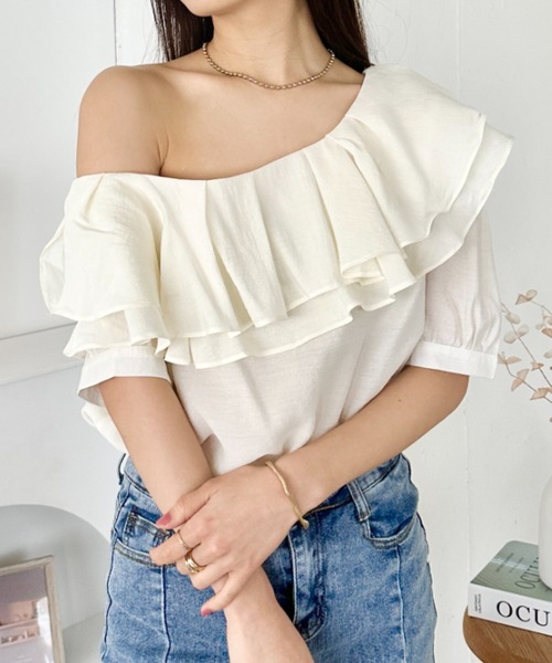 セール】フリルワンショルダー半袖シャツブラウス（シャツ/ブラウス