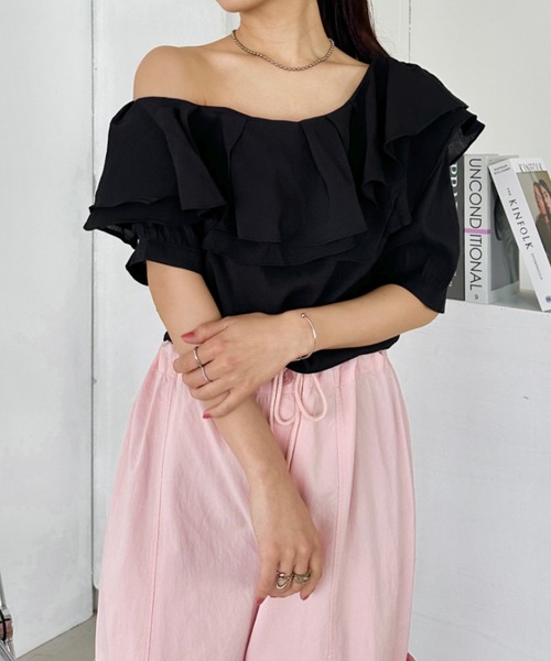 セール】フリルワンショルダー半袖シャツブラウス（シャツ/ブラウス