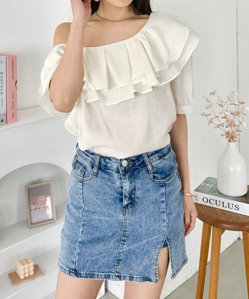 セール】フリルワンショルダー半袖シャツブラウス（シャツ/ブラウス