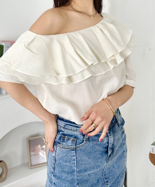 セール】フリルワンショルダー半袖シャツブラウス（シャツ/ブラウス