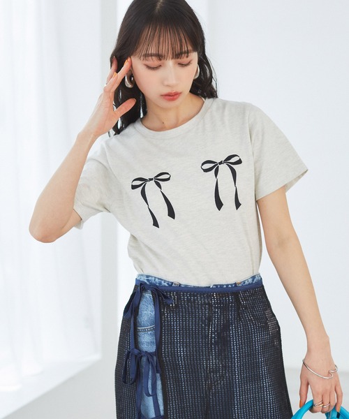 tシャツ 肩リボンモチーフカットソー レディース SPINNS tシャツ 肩リボン半袖カットソー/ドット/水玉柄