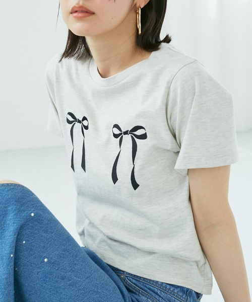 VIS（ビス）の「ハート＆リボンモチーフアソートTシャツ（Tシャツ/カットソー・レディース・スミクロ/ライトグレー/ホワイト・FREE）」の9枚目の写真