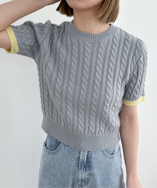 EPIMI E'PIMMY（エピミエピミー）の「【ハンドウォッシャブル】配色ケーブルショートプルオーバー（ニット/セーター・レディース・オフホワイト/グレー/チャコールグレー/ネイビー・MEDIUM）」の9枚目の写真