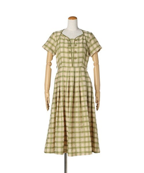 an another angelus（アンアナザーアンジェラス）の「ダブル釦チェックレイヤード風ワンピース（ワンピース・レディース・グリーン/ブラック×ホワイト・FREE）」の16枚目の写真